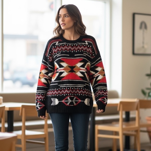 Vintage Main Street Outfitters Southwestern Shetland Wool Sweater Black Red VTG - Picture 1 of 6